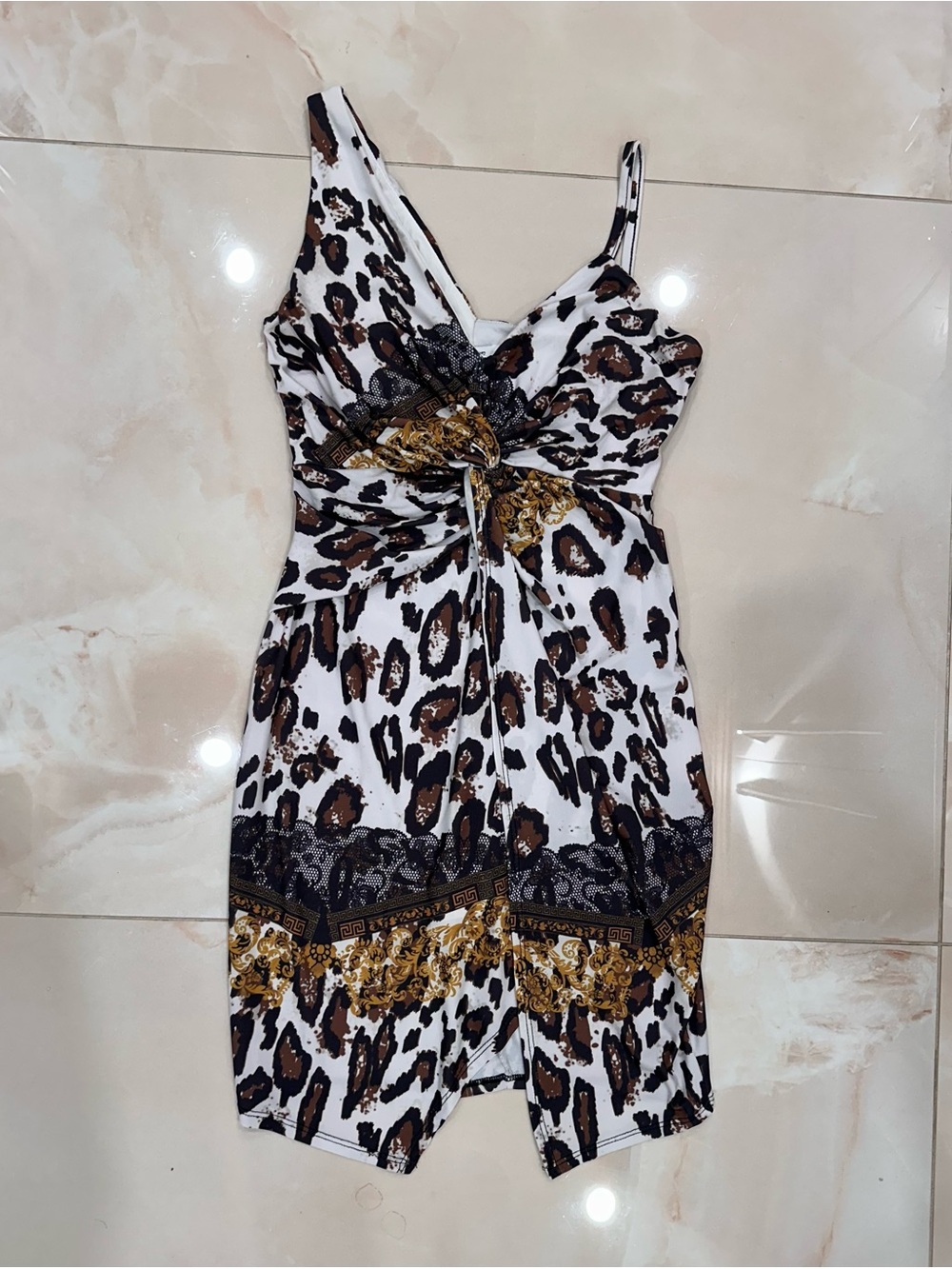 Leopard Print Mini Dress with Gold Accent - White & Brown